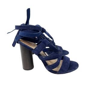 Aldo Womens 6.5 Navy Blue Lace Up Suede Heels 4" Round Wood Heels Open Toes